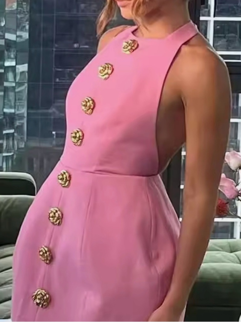 Pink Halter Shift Dress with Gold Buttons